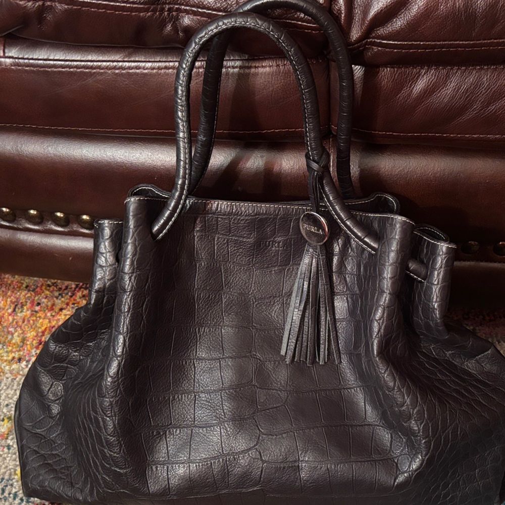 Elegant Black Embossed Furla Women's Hobo Bag